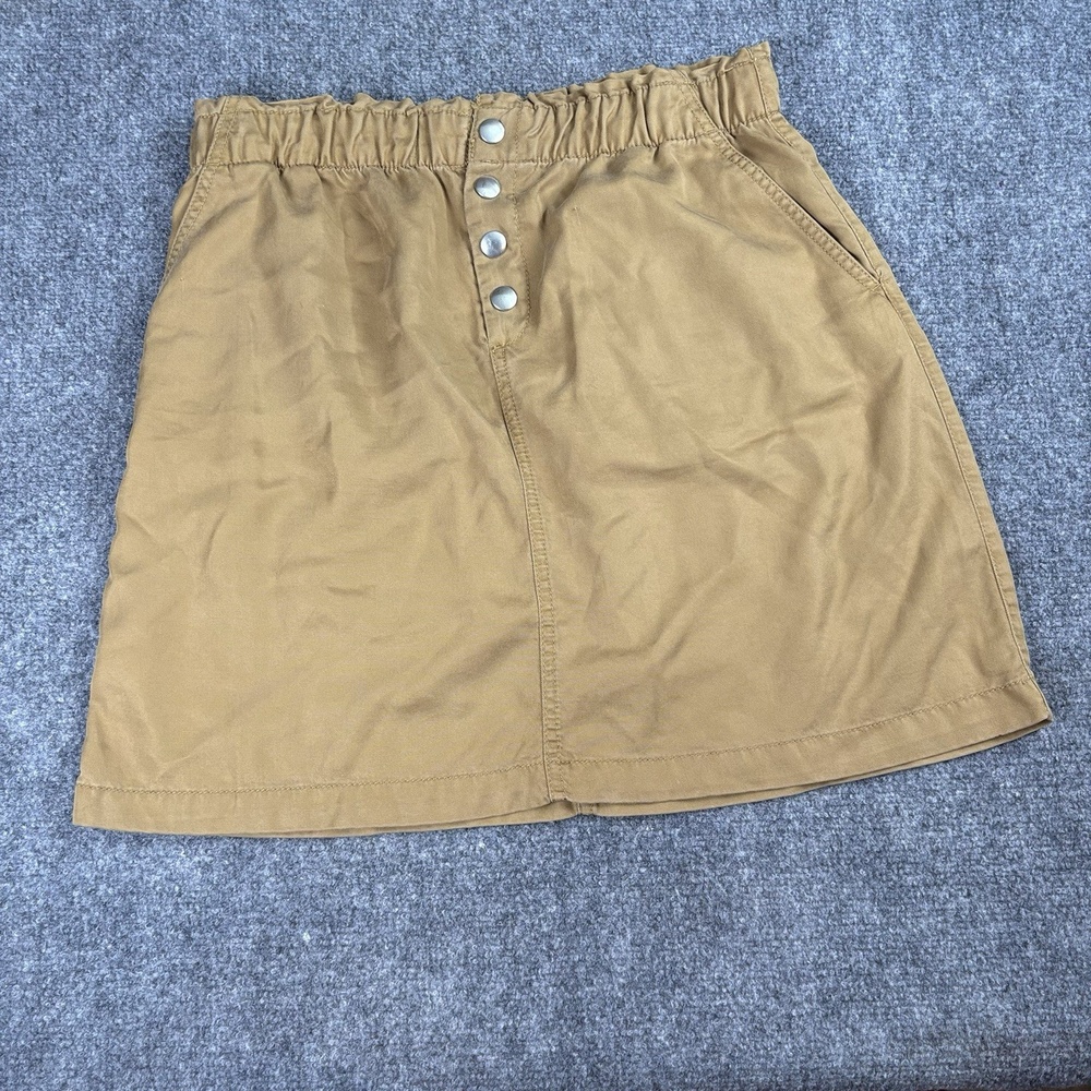 Loft Mini Skirt Womens M Tan Snap Front Minimalist Casual Paperbag Waist Preppy